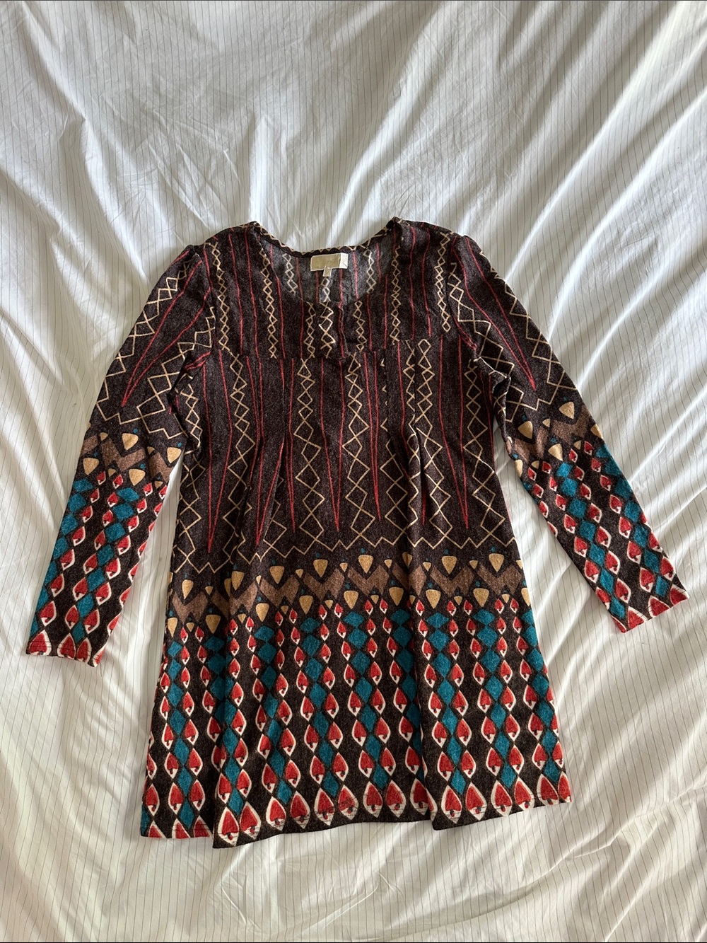Cathaya - Boho Geometric Knit Tunic Dress - Red, Teal, Brown - Size Medium